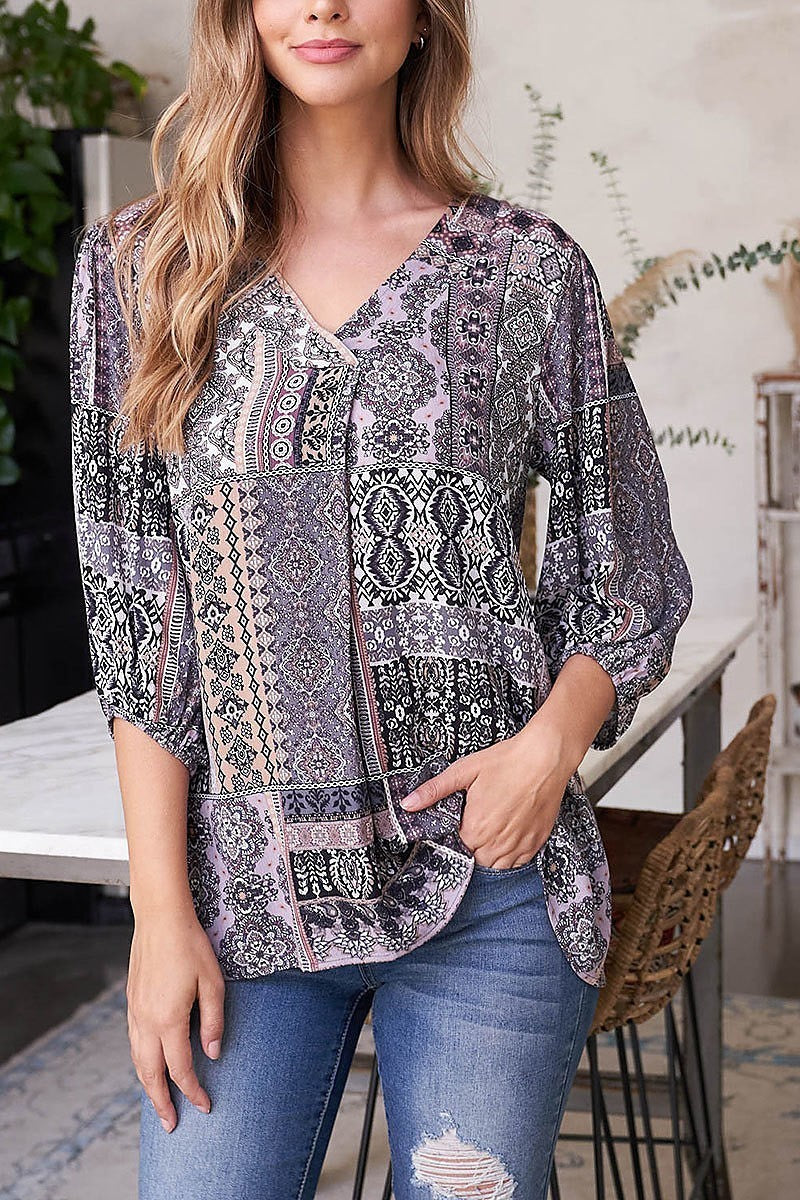 Quarter sleeve v neck front pleat printed top (EF2188)