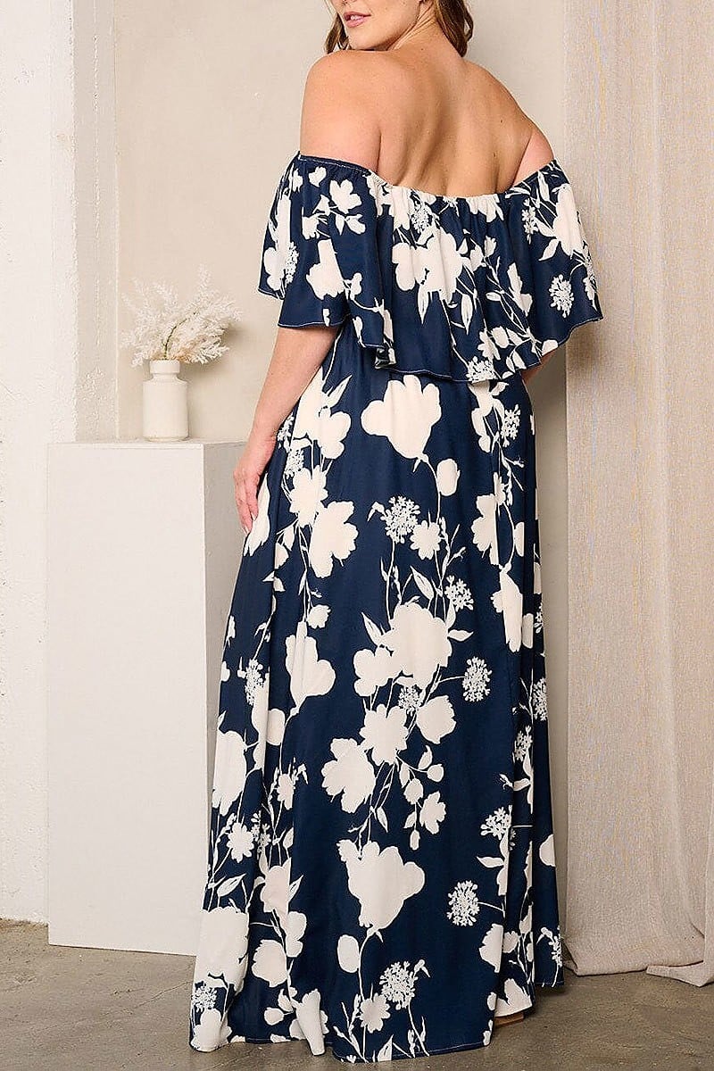 Off shoulder ruffle side slit floral maxi dress (EFWT4041)