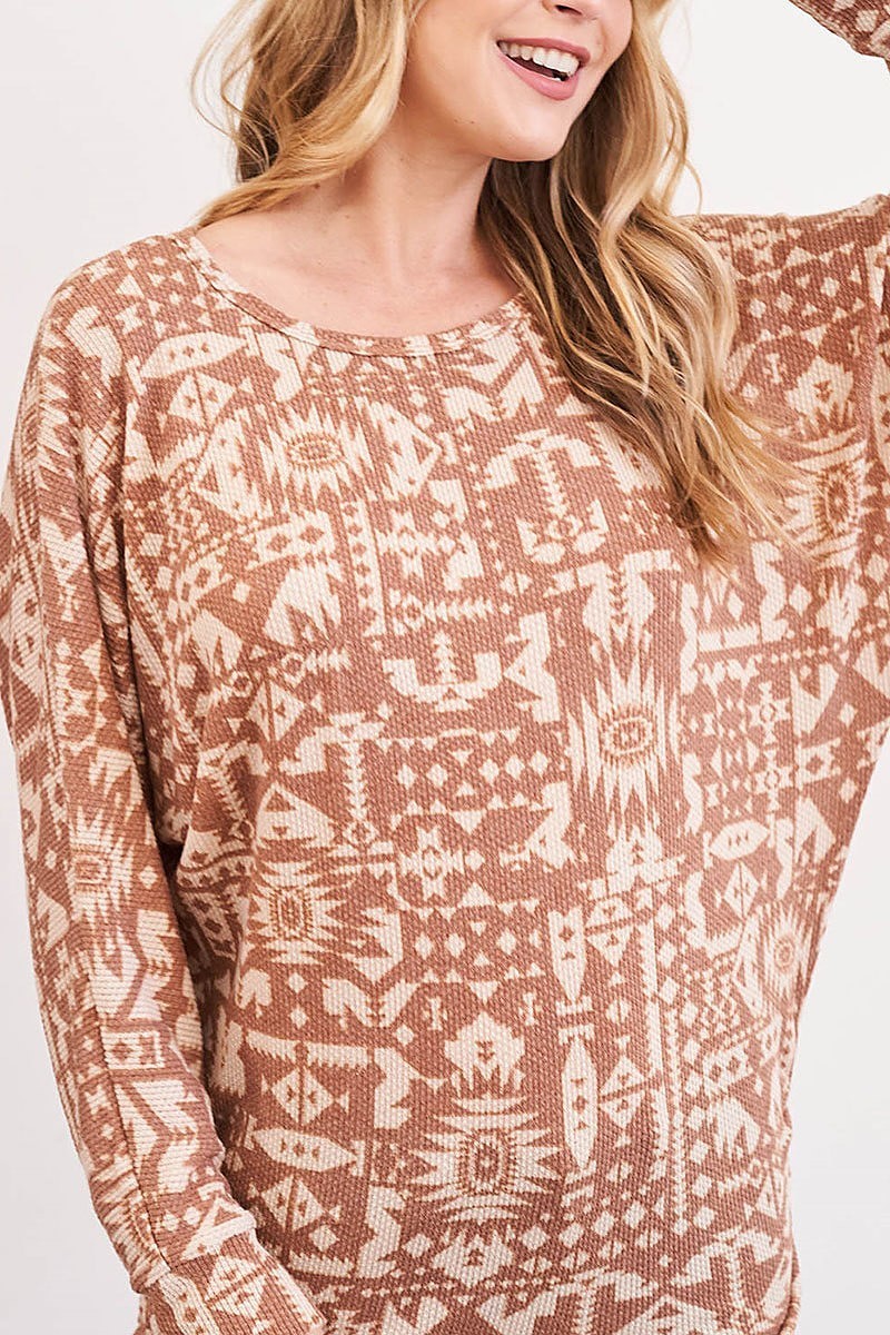 Scoop neck aztec print long sleeve top (EF2775)