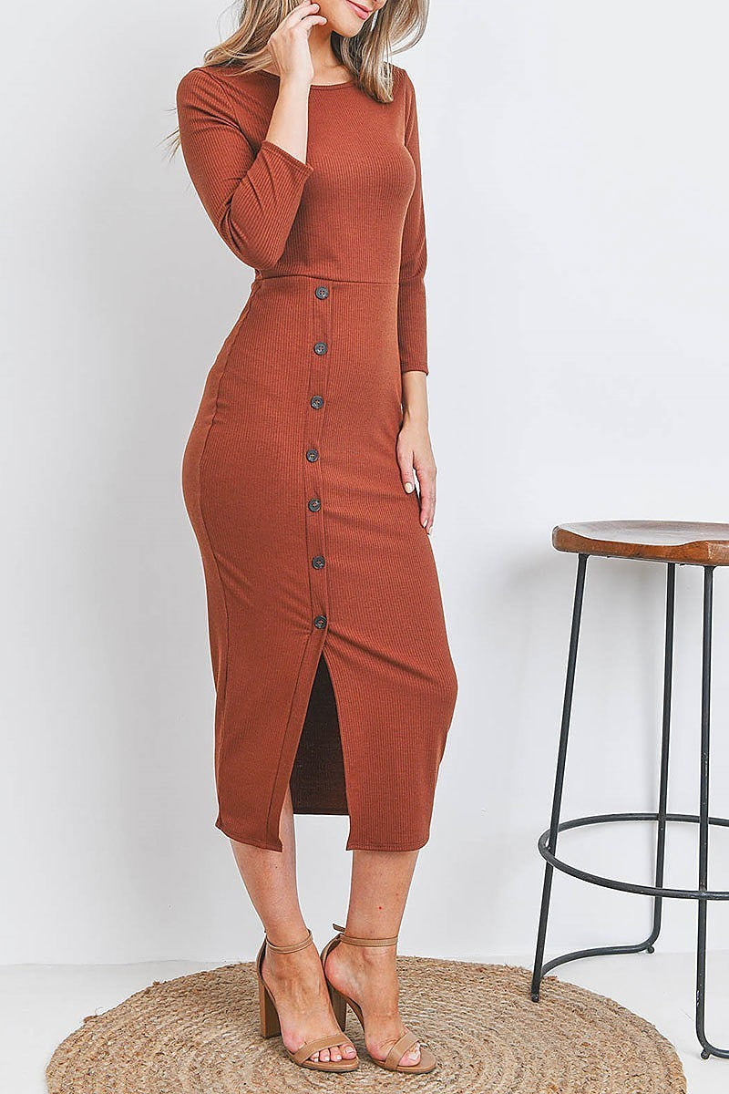 Button front slit detail midi dress (DED7068)