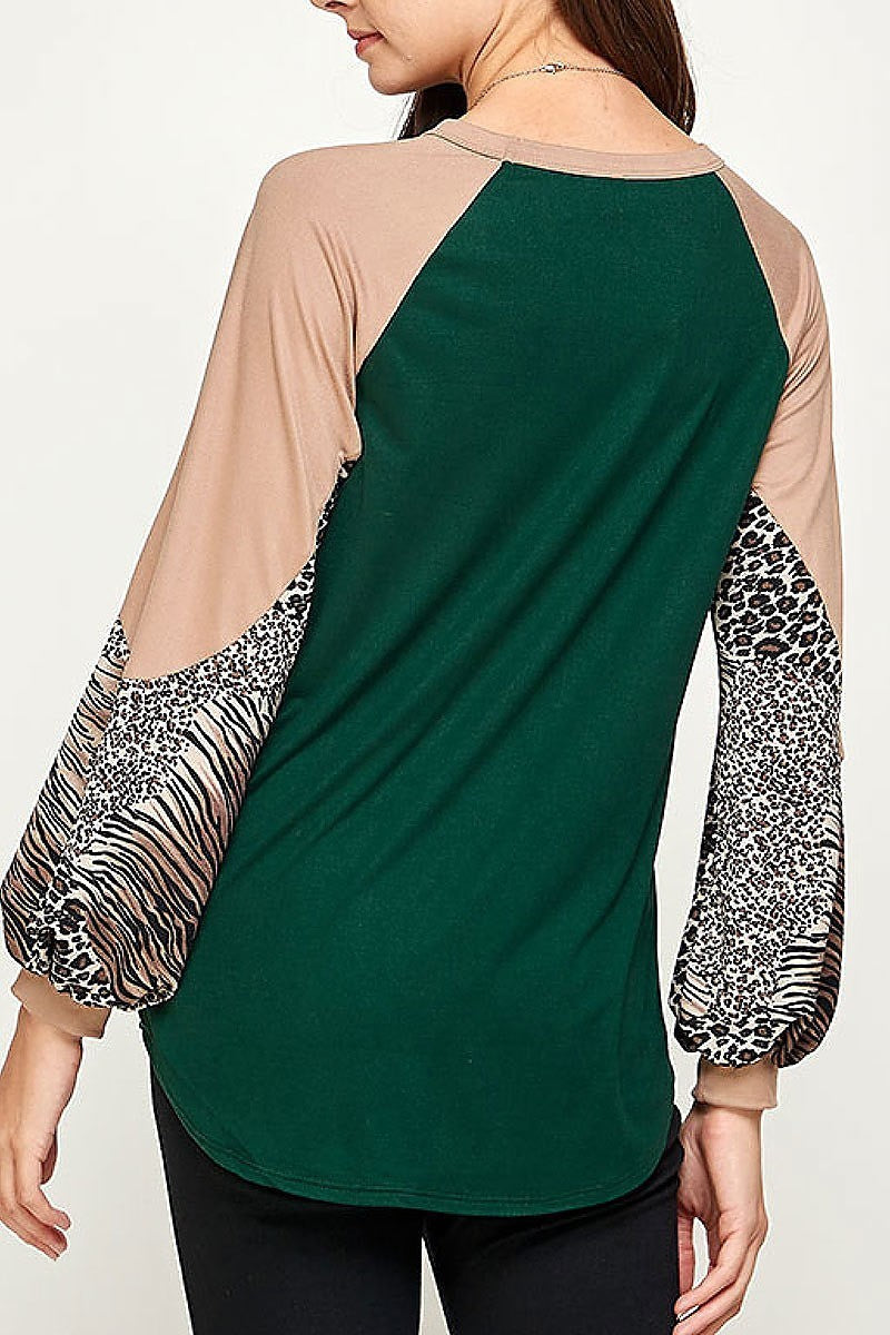 Mix animal print color block bubble sleeve top (EF2380)