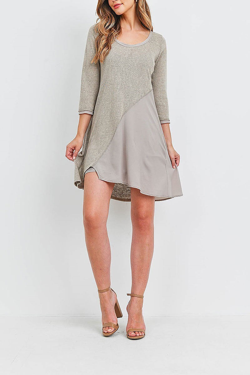 Mix fabric asymmetrical hem tunic dress (DED6419-1)