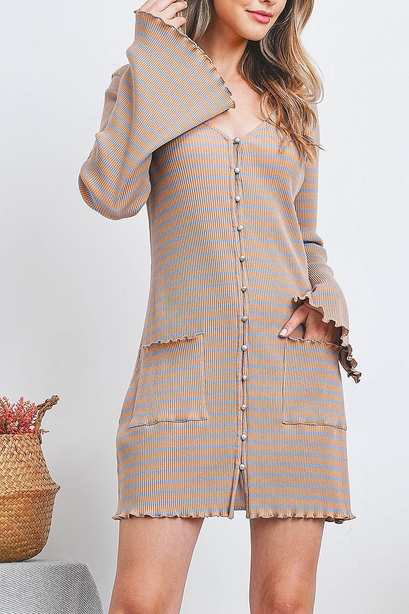 Stripe ribbed knit button front dress (DED6918)