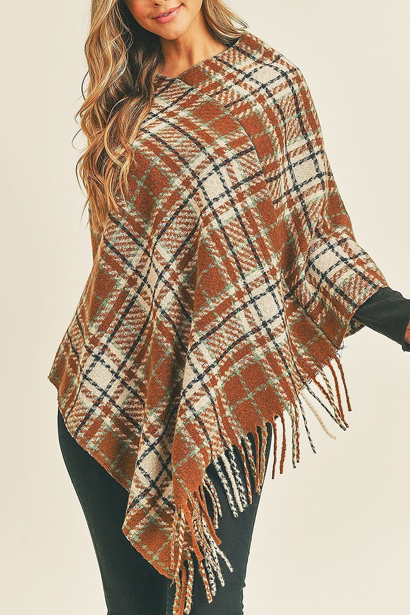 Multi plaid poncho with fringe (DGS5736)