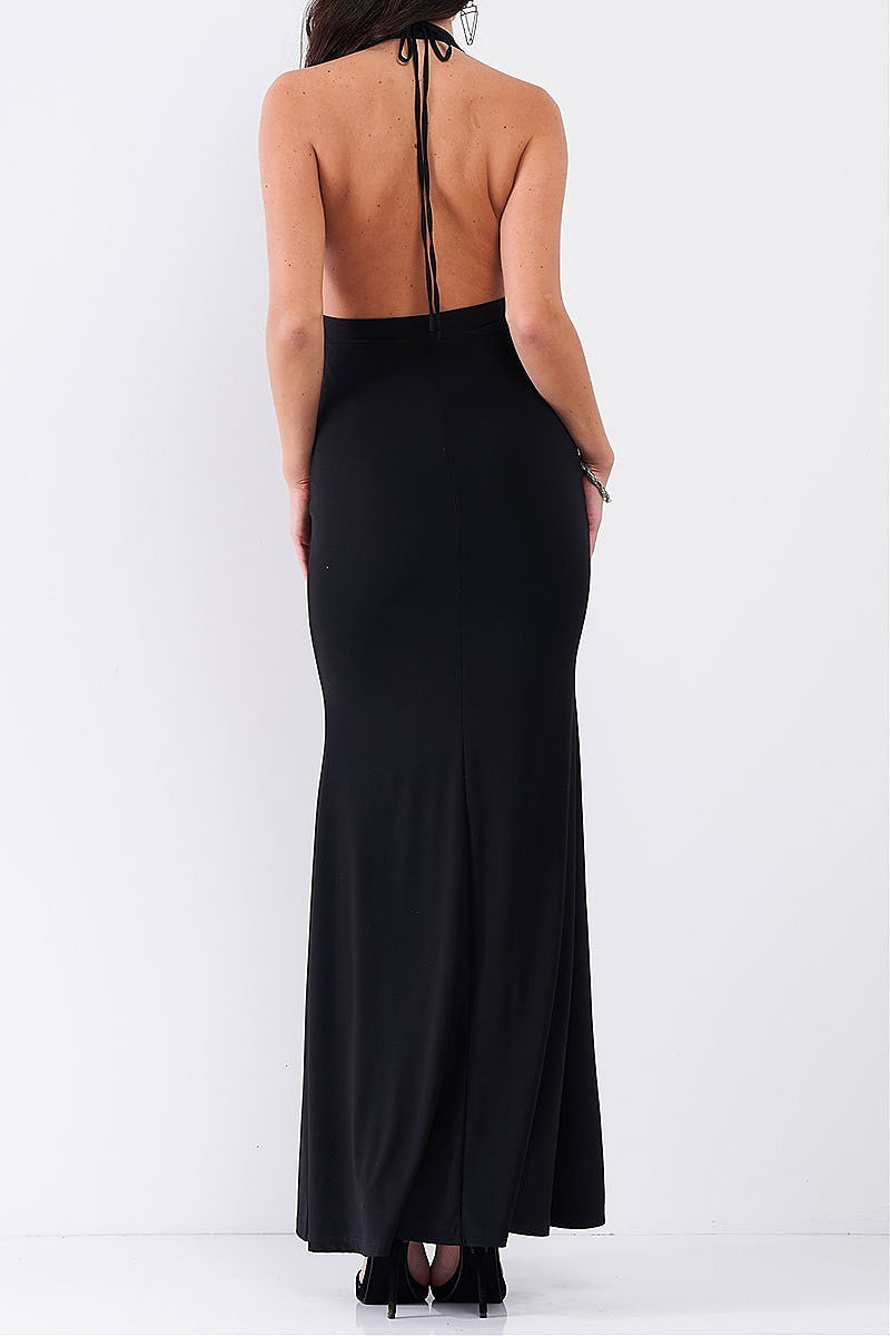 Halter neck front cutout detail ruched open back maxi dress (TDG7762-3)