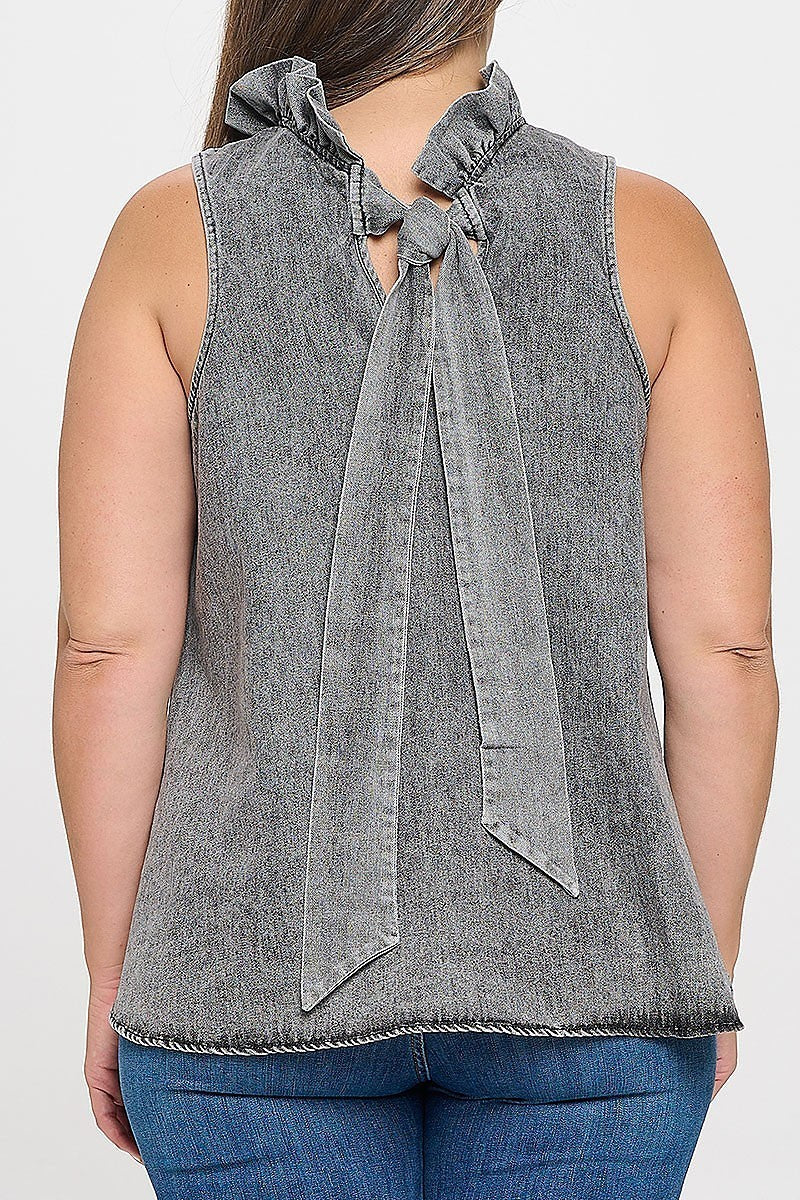 Plus size sleeveless ruffle neck denim top (XDG8260)