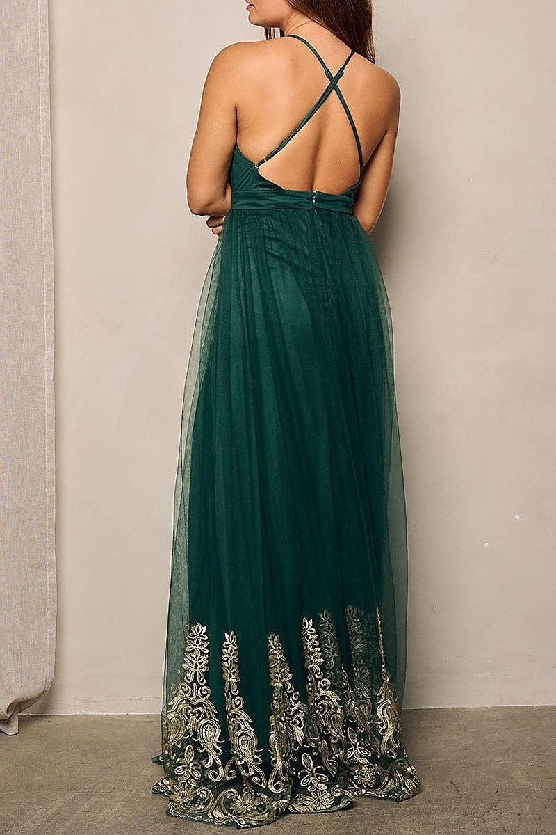 Sleeveless v-neck mesh detailed maxi dress (EFWT4356)