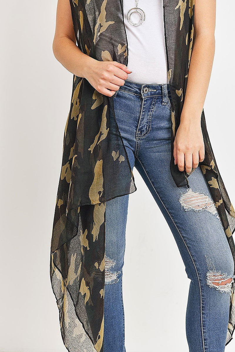 Knee length camouflage open front kimono vest (DGS5177)