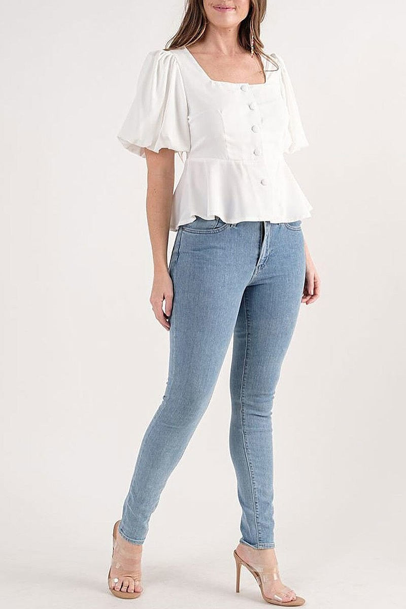 Short puff sleeve button up peplum blouse top (EFWT9690)