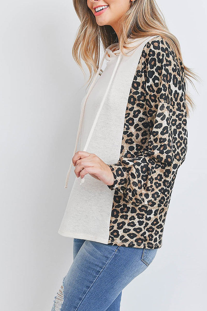 Leopard sleeve side contrast hoddie with self tie (EF2887)