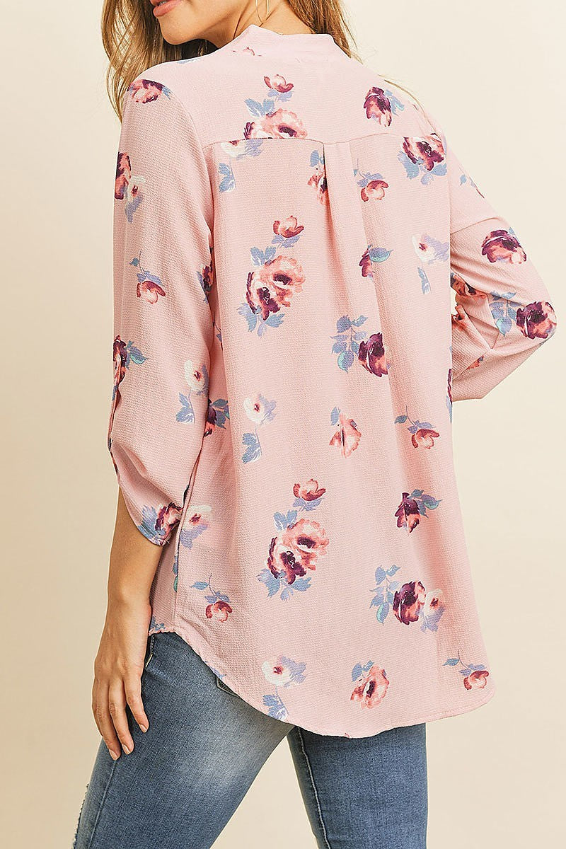 Roll up sleeve floral print v neck top (ED8085)