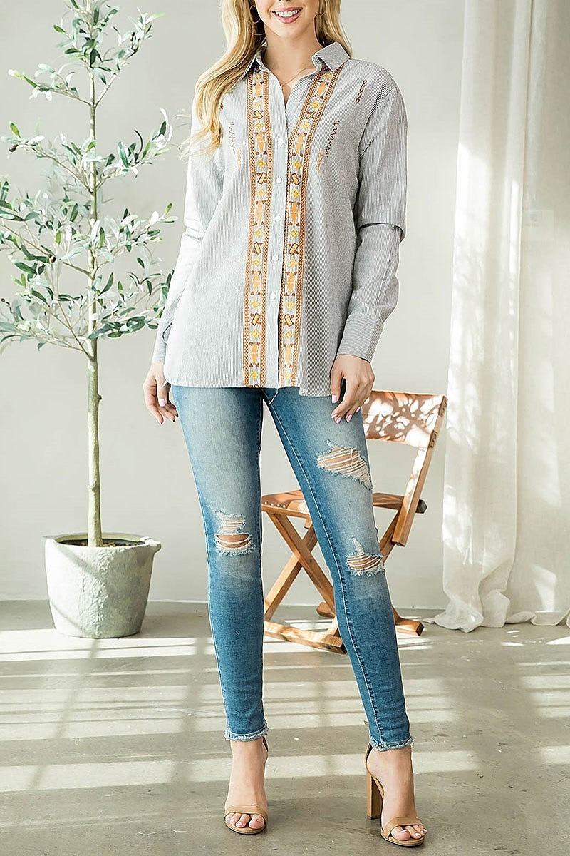 Collared embroidered button front top (EF3961)