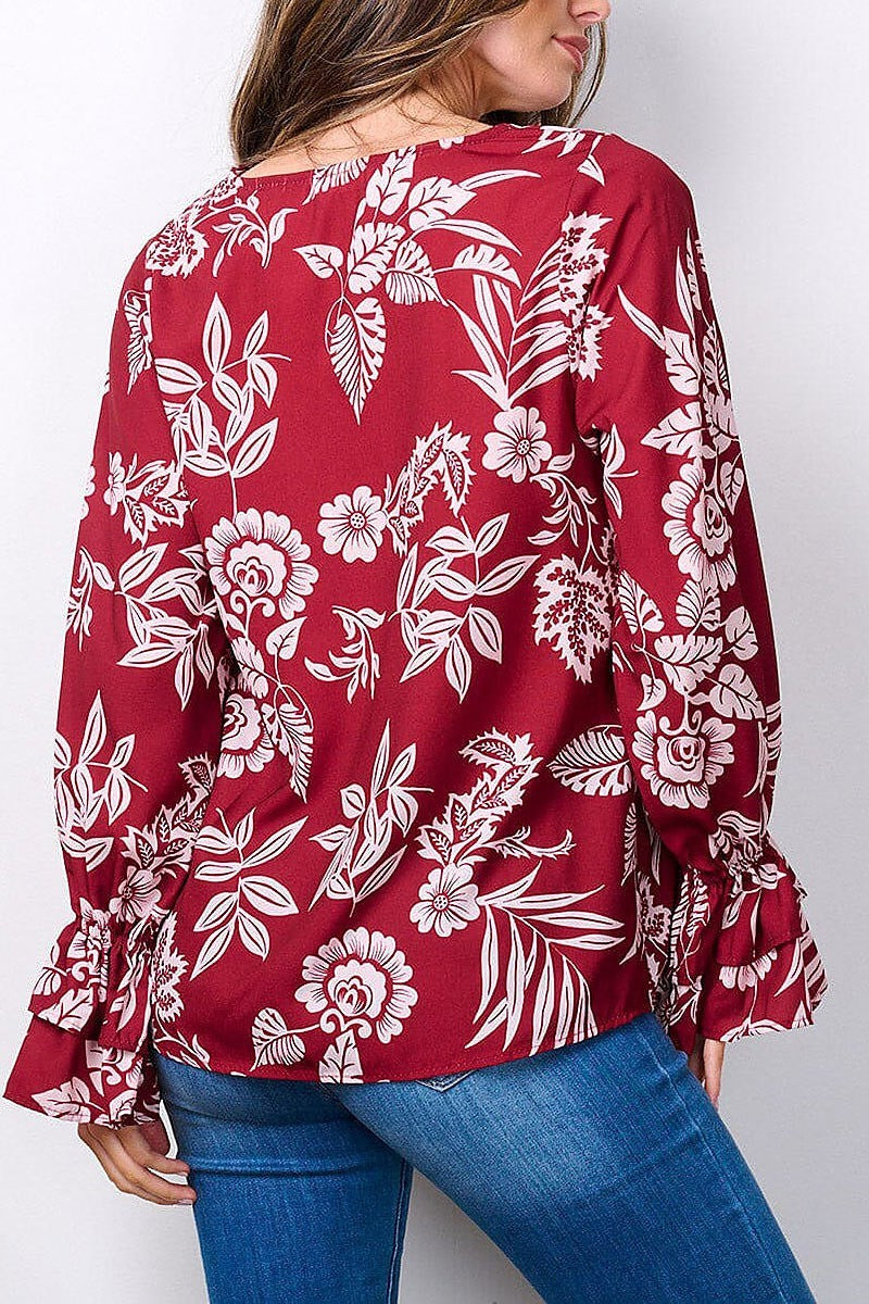 Long smock sleeves v-neck floral tunic blouse top (EFWT7482)