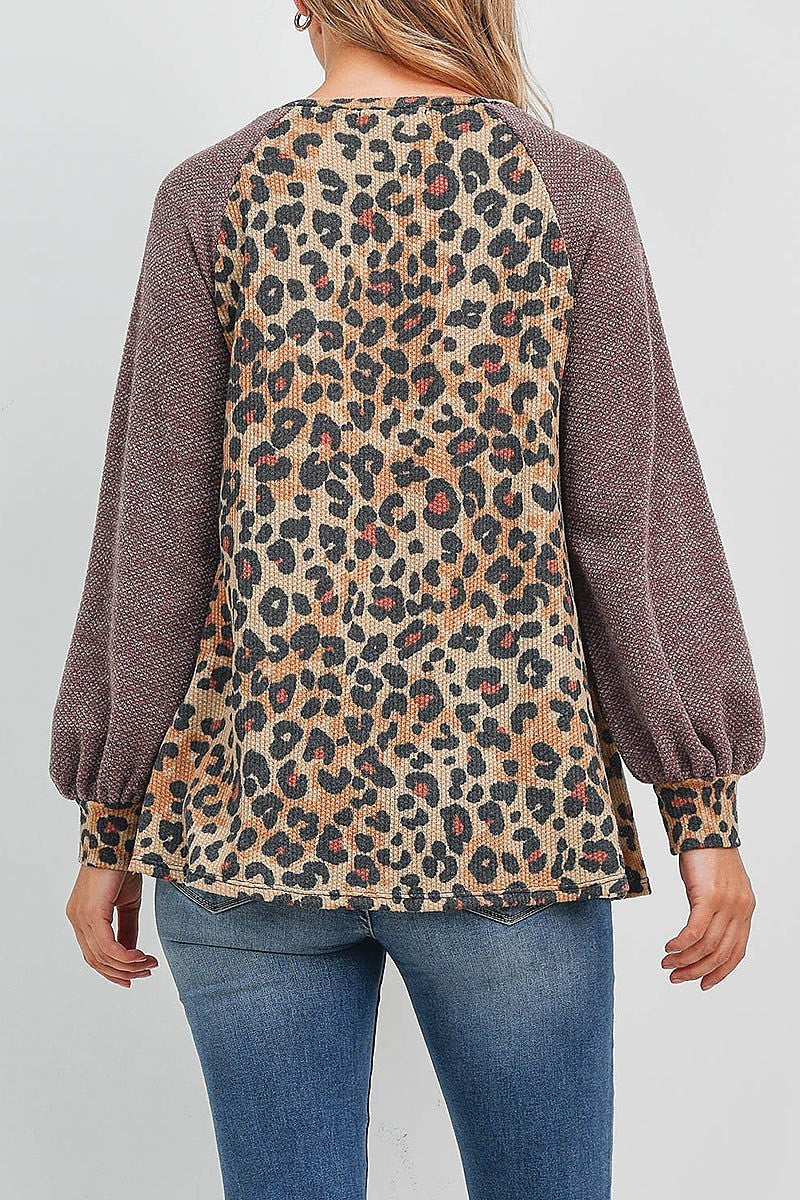 Rib puff sleeves drake leopard top (EF1874)