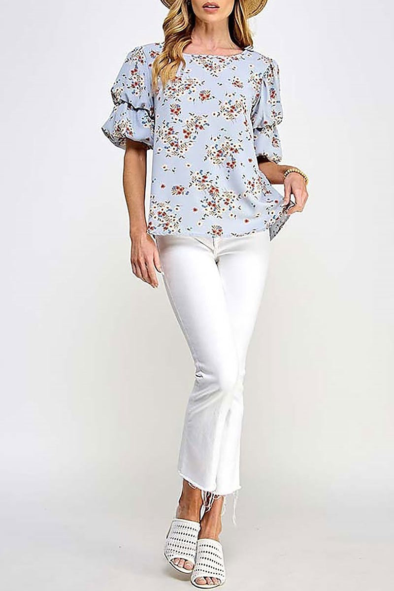 Layered puff sleeve woven floral blouse (EF5830)