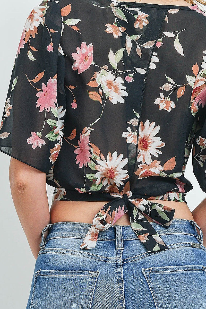 Floral print crop top with chiffon detail (ED8898-2)