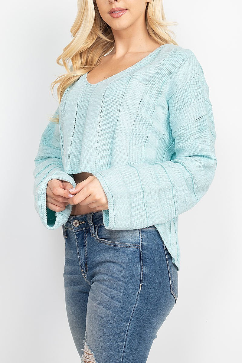 V neck ribbed stripe hi lo crop sweater (DGS5288)