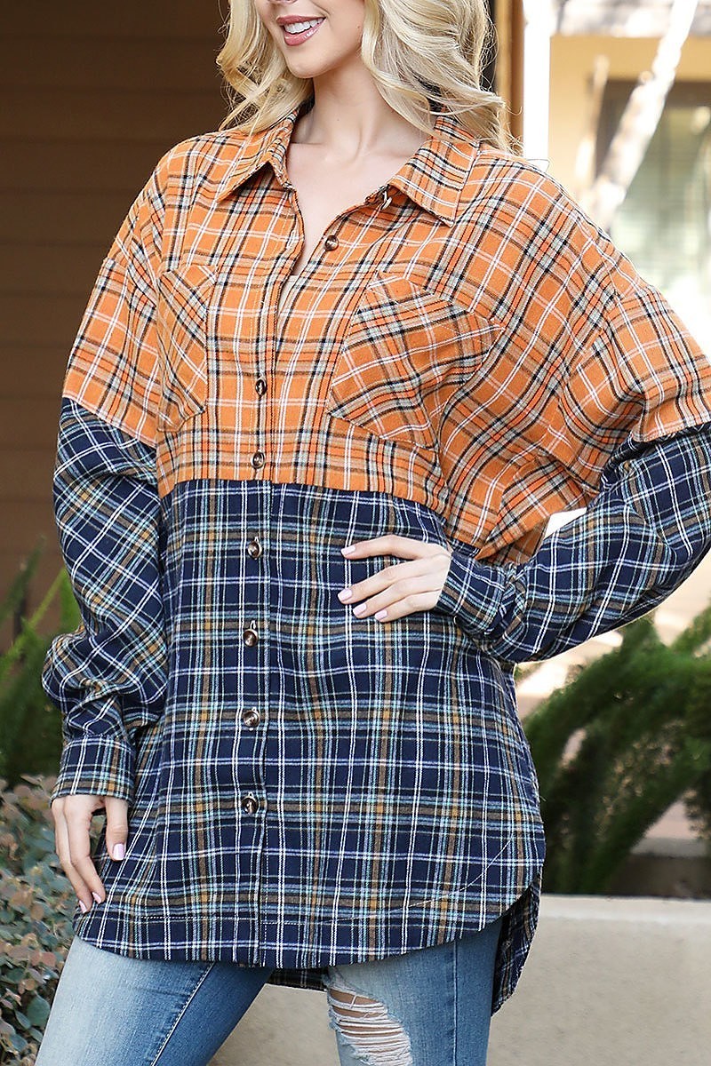 Puff long sleeve plaid contrast top (EF6958)