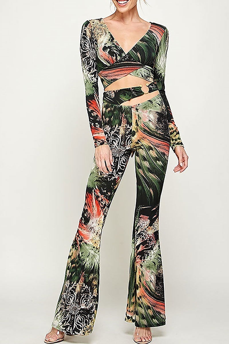 Feather print crop top and pants set (EF2901)