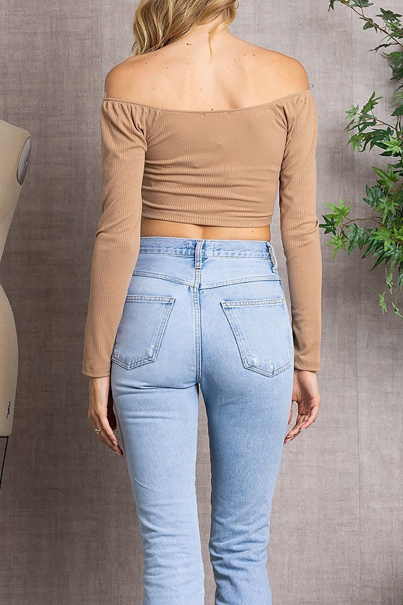 Ribbed long sleeves v-cut hemline crop top (EDSW3375)