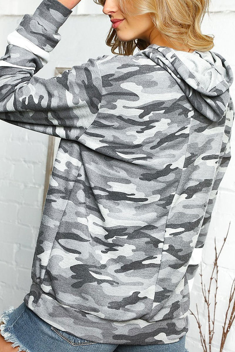 Stripe color block camo hoodie top (EDBM3430)