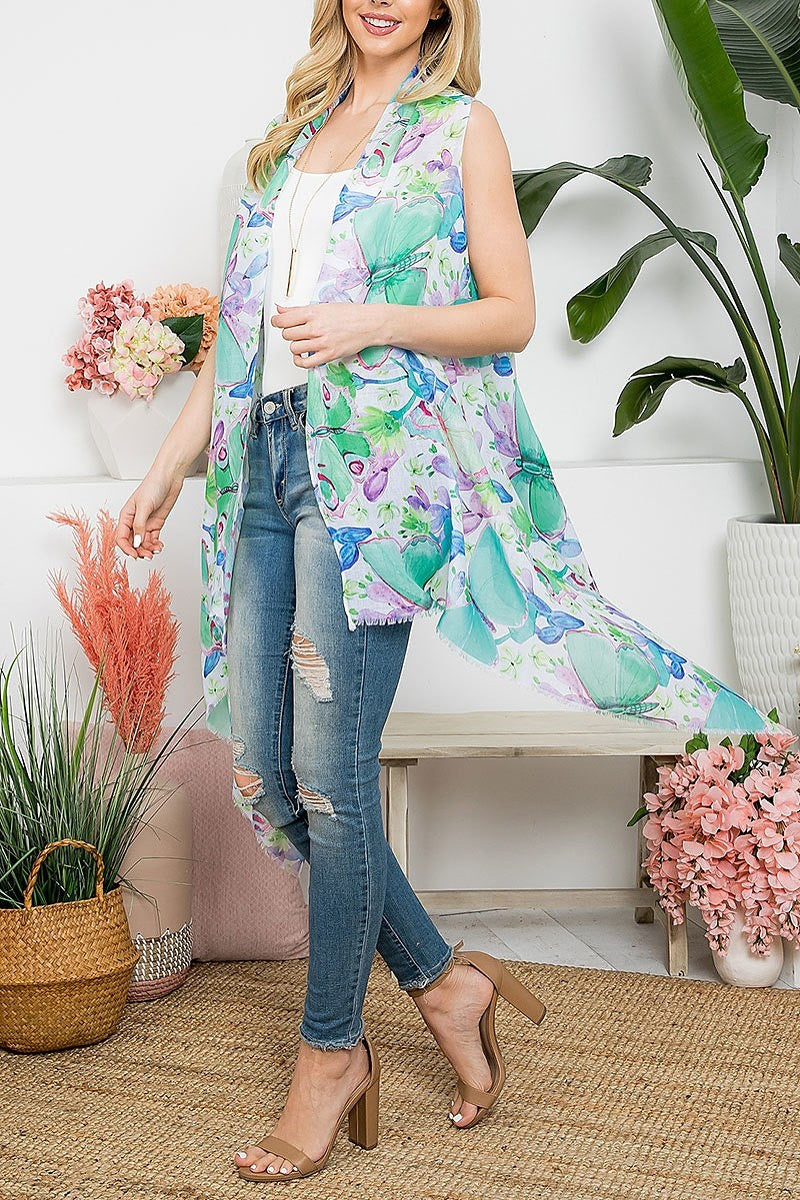 Tropical flower print open front kimono vest (EF5318)