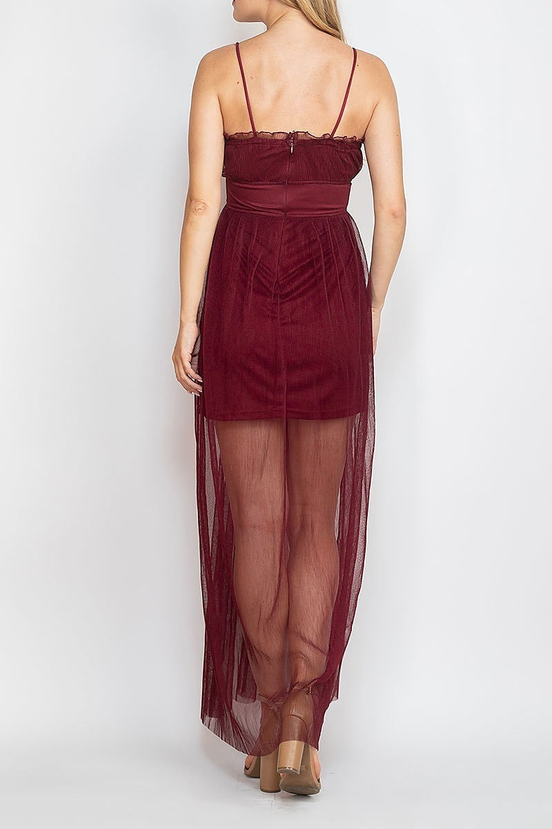 Lace up smoked waist ruched sheer maxi dress (DED6743)