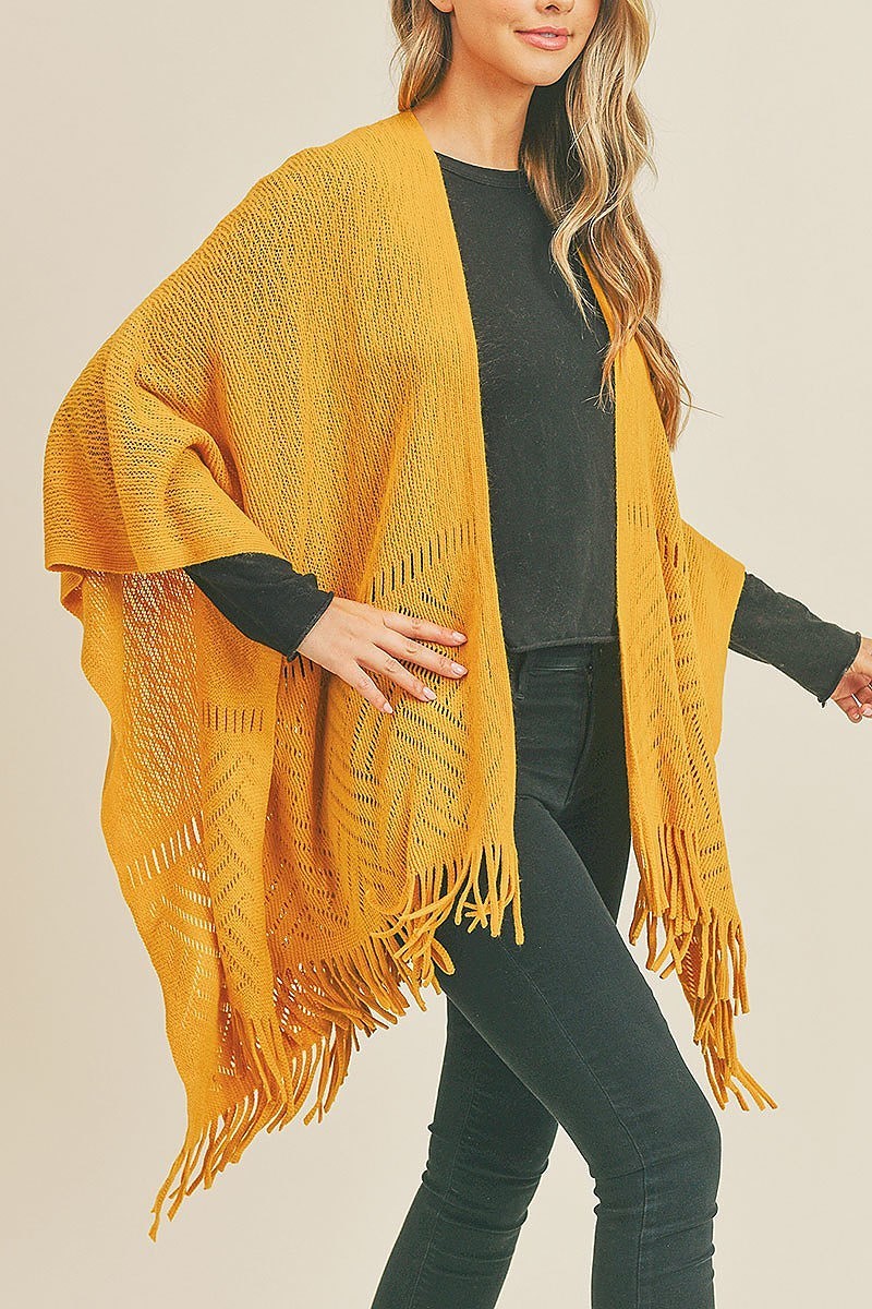 Herringbone knit fringe ruana kimono fringe (DGS5738)