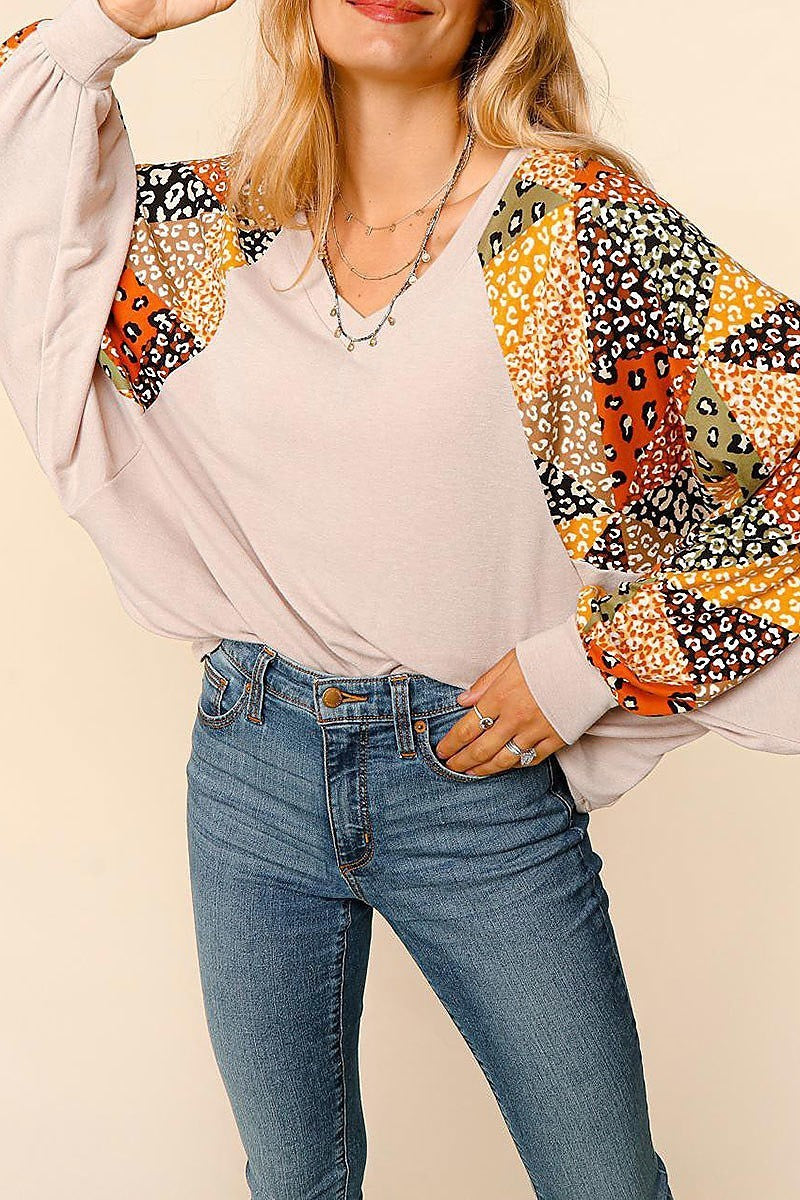 Dolman slouchy patchwork bubble long sleeve top (ETBM4027)