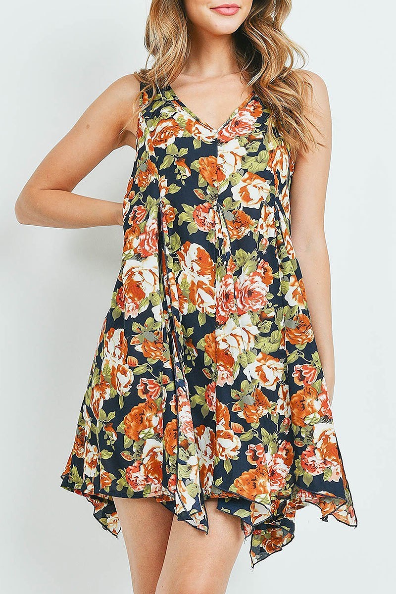 V neck floral print asymmetrical hem flare dress (DED6157)