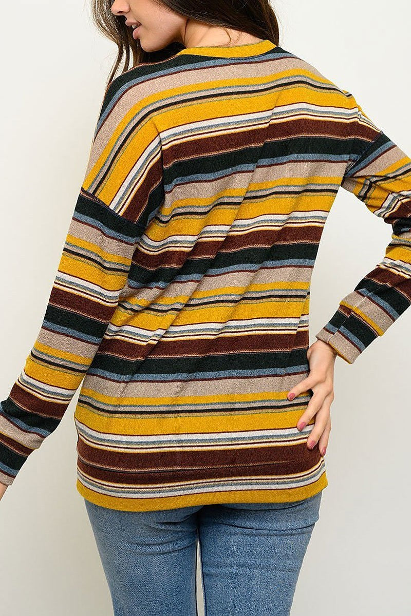 Long sleeve button trimmed stripe top (EDWT3019)