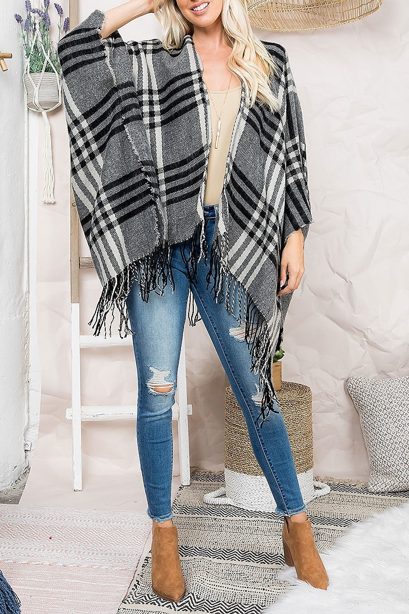 Plaid open front fringe ruana kimono (DGS5471-1)