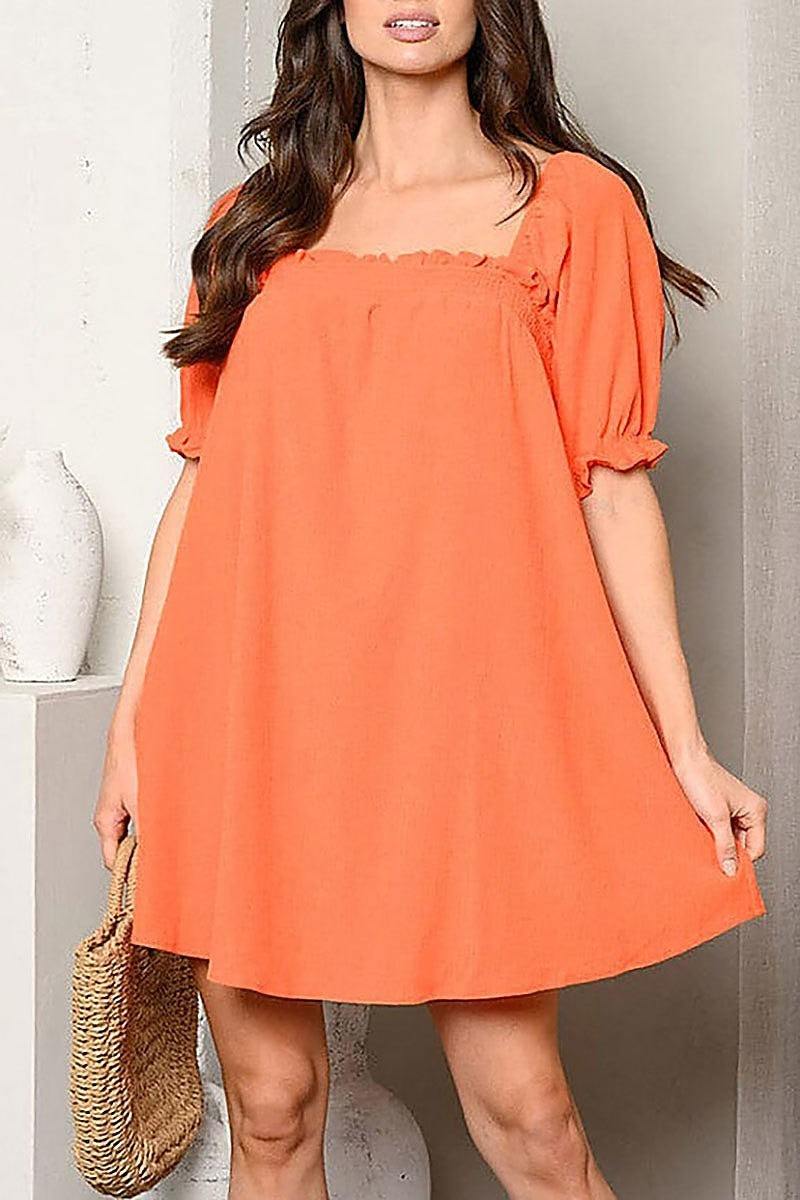 Short puff sleeve square neck tunic mini dress (EDWT9524)