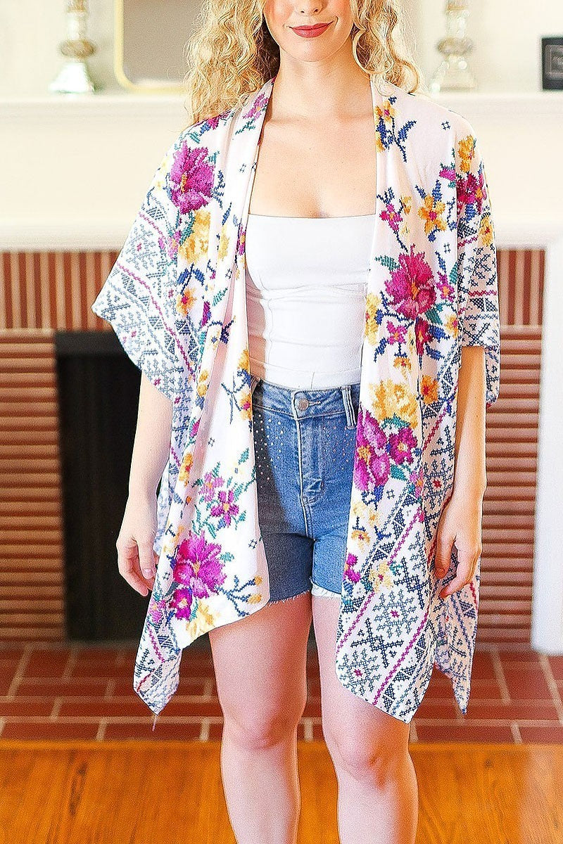 Floral border print open kimono (ETBM5710)