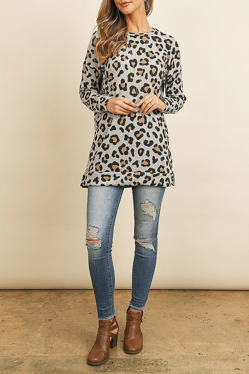 Animal print crew neck oversize sweatshirt top (ED8513)