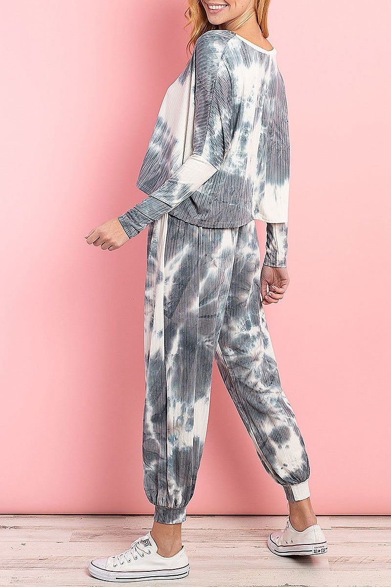 Tie dye ribbed knit top and pant set (ED8465-2)