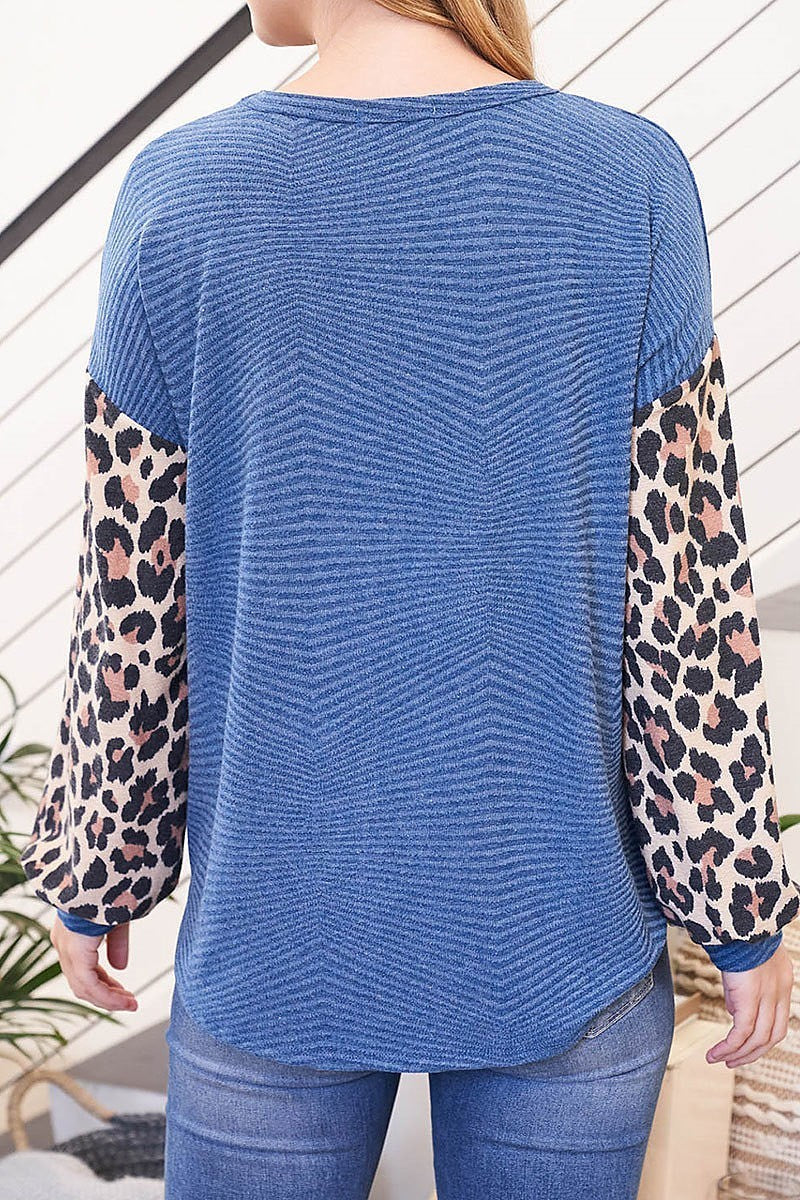 Leopard contrast long sleeve diamond rib top (EF2754)