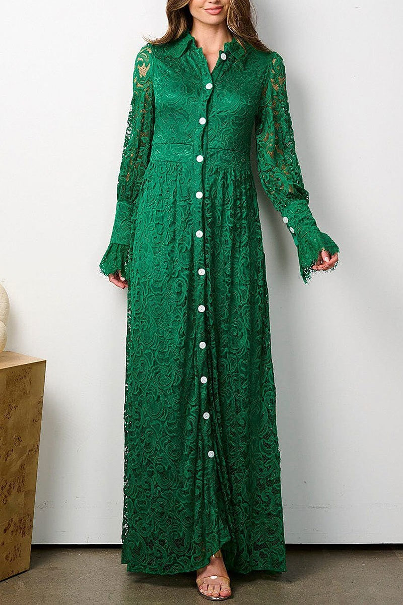 Long sleeve button up all over lace maxi dress (EFWT7817)