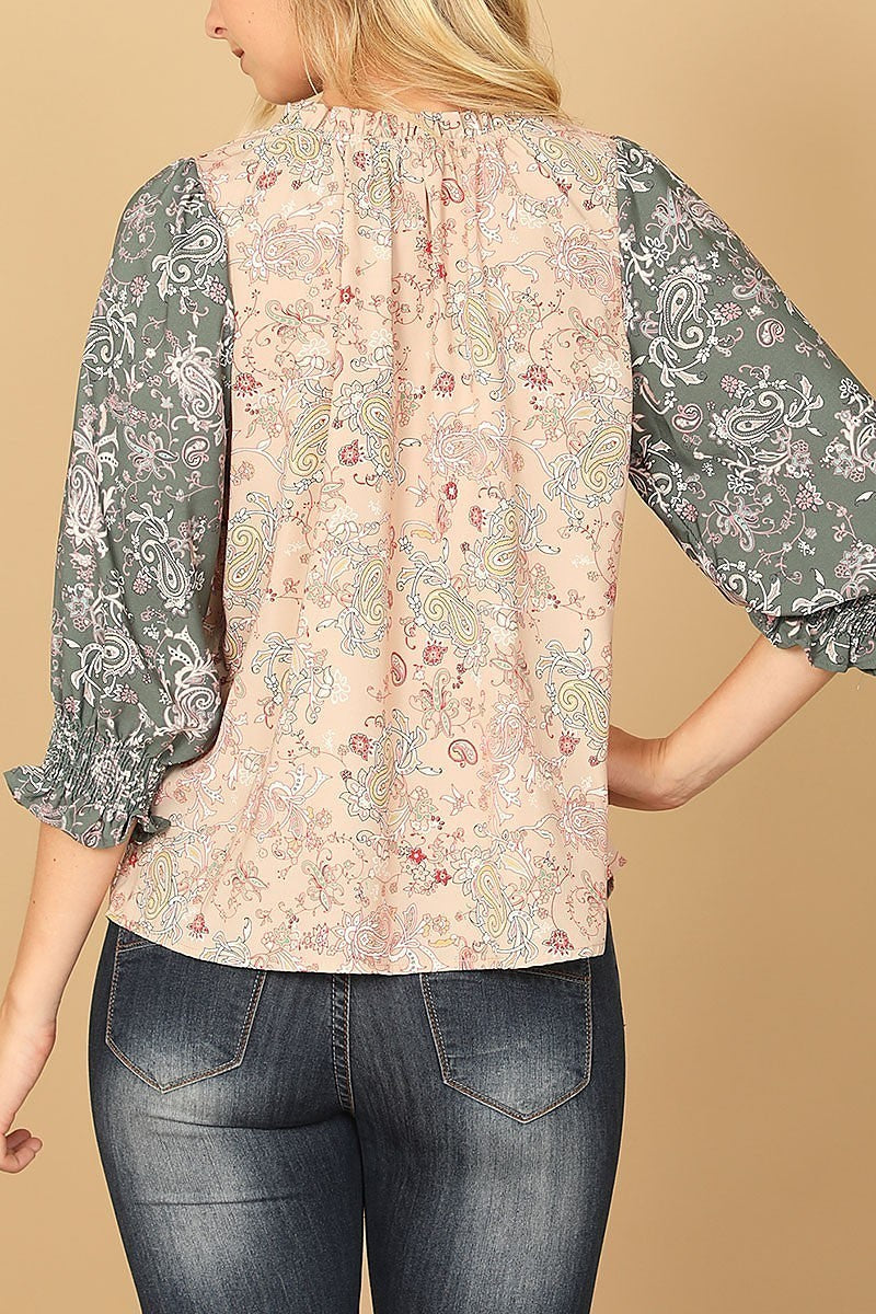 Paisley smocked half sleeve contrast top (EF7863)