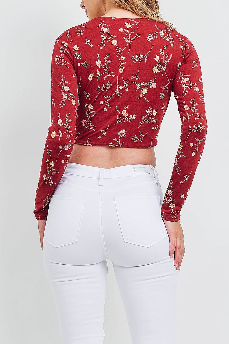 Floral print key hole front waist tie crop top (EF1252)