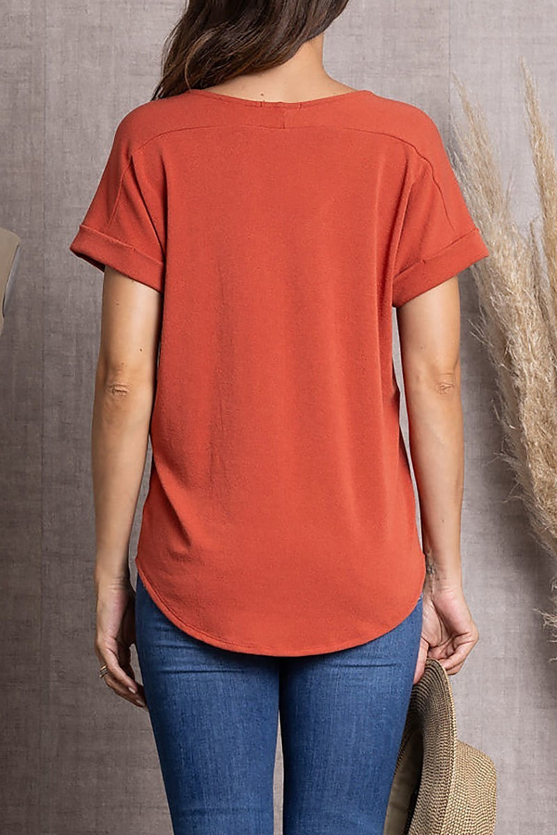 Solid v-neck folded hem short sleeve tunic top (EDSW3407)