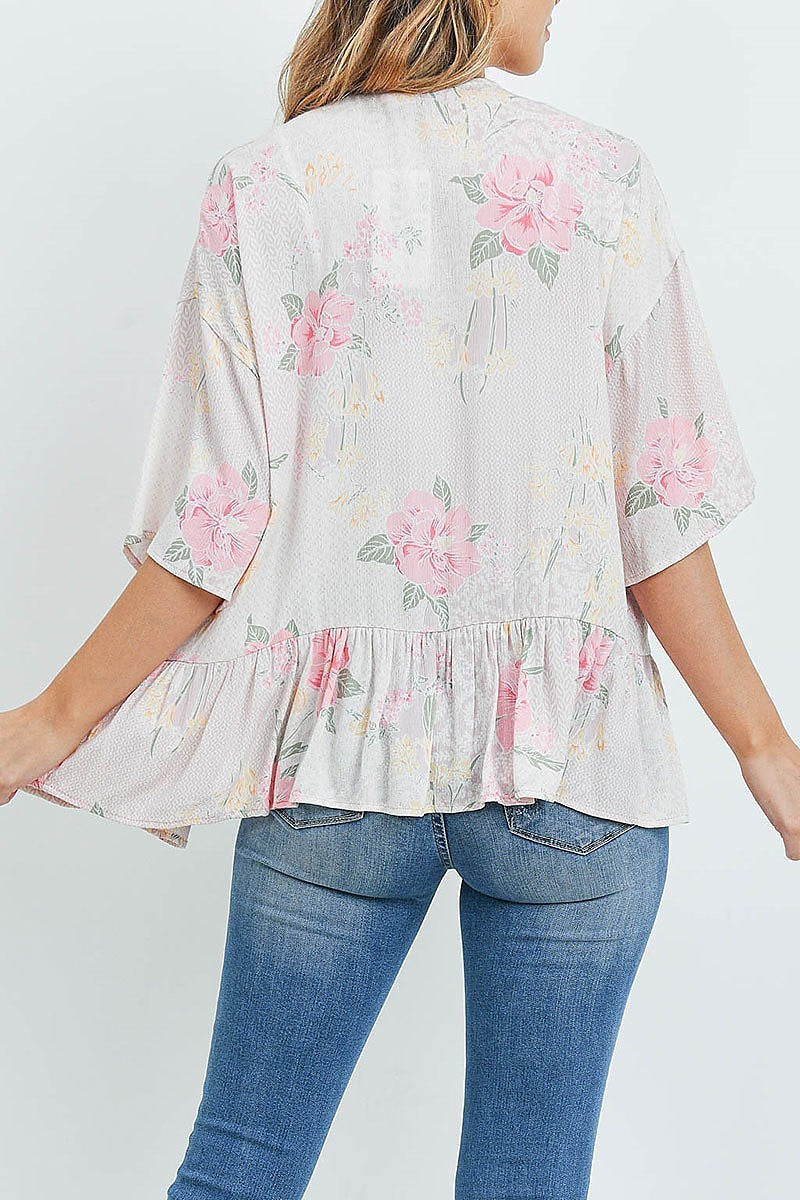 Ruched peplum detail floral print kimono cardigan (ED8756)