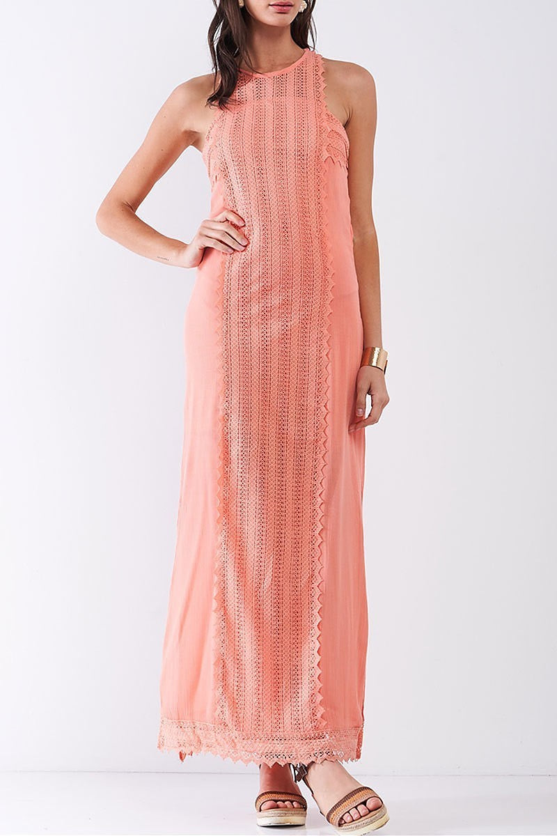 Lace trimmed halter neck maxi dress (TDG8021)