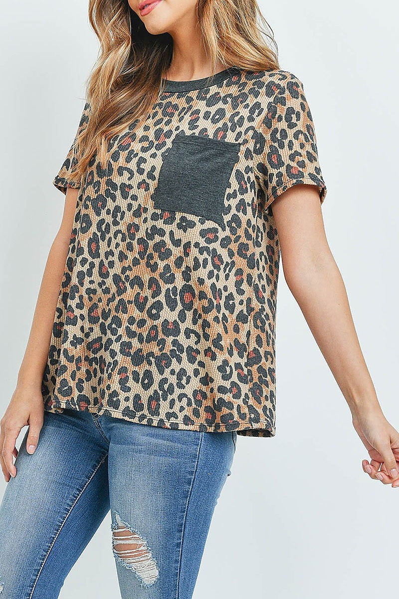 Leopard rib detail pocket top (ED8830)