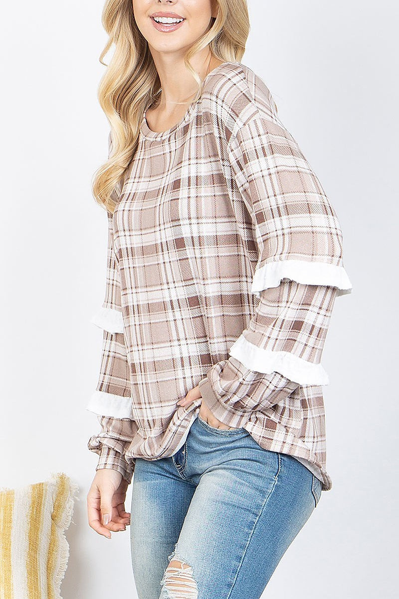 Swiss dot ruffle detail plaid top (EF4892)