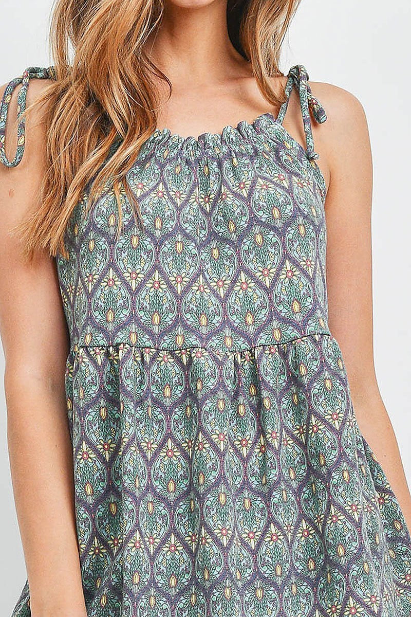 Paisley print tie shoulder baby doll top (EF1244)