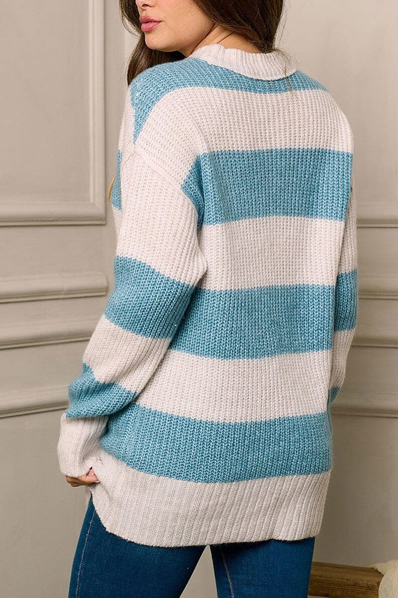 Long sleeve colorblock stripes pullover sweater (EFWT5757)