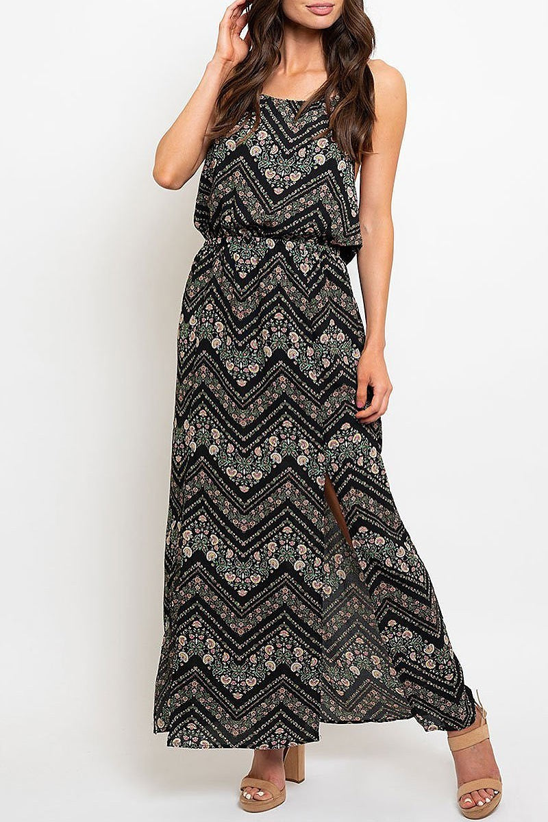 Chevron floral print slit detail maxi dress (EDWT2268)