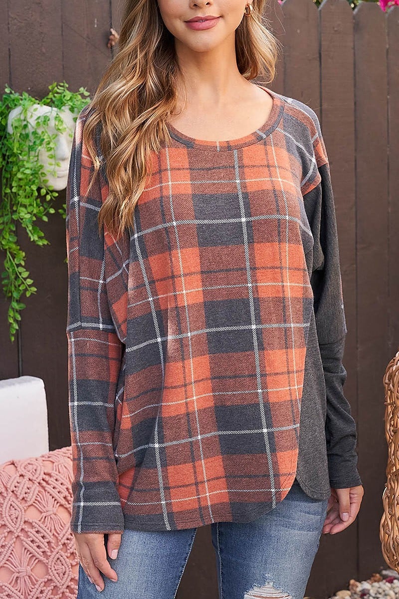 Dolman sleeve vertical detail plaid top (EF2394)