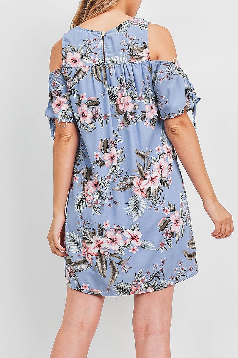 Cutout shoulder tie sleeve floral print dress (DED6703)